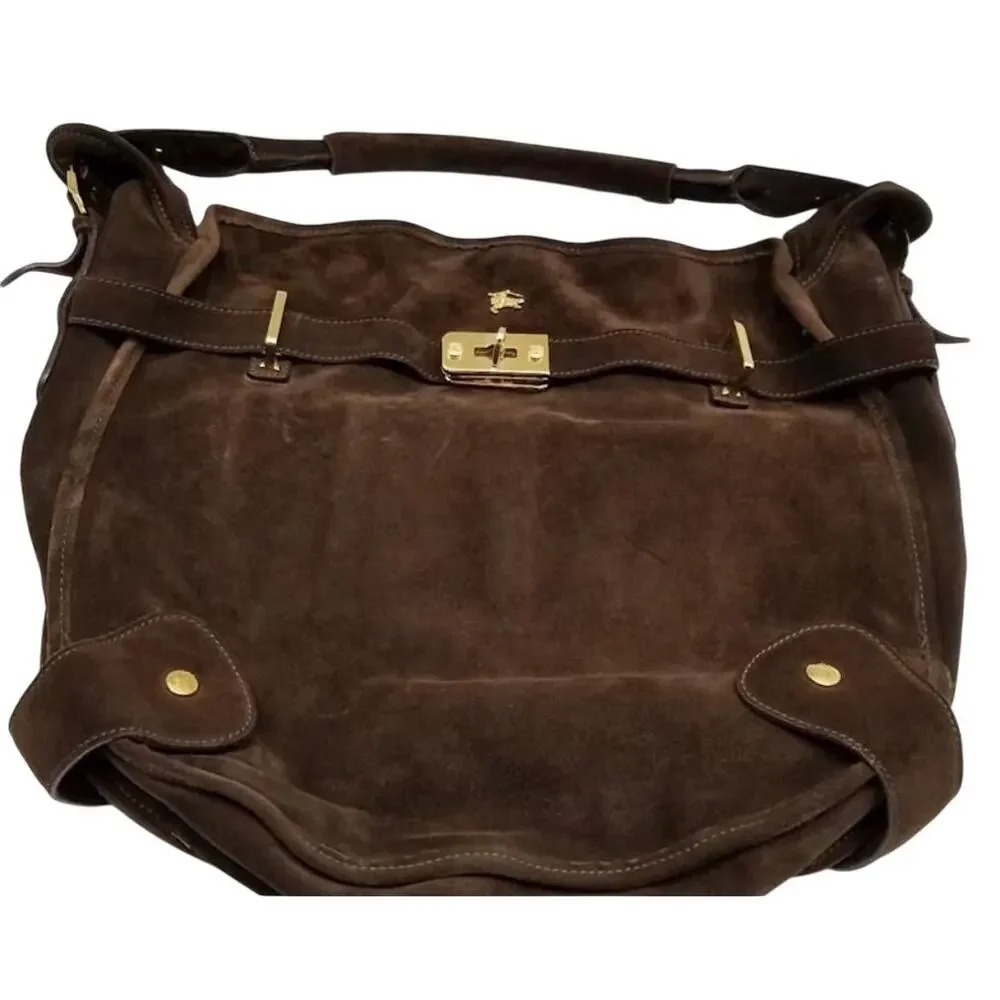 Burberry Rare Brown Suede Heritage Hobo Tote Bag Authenticated